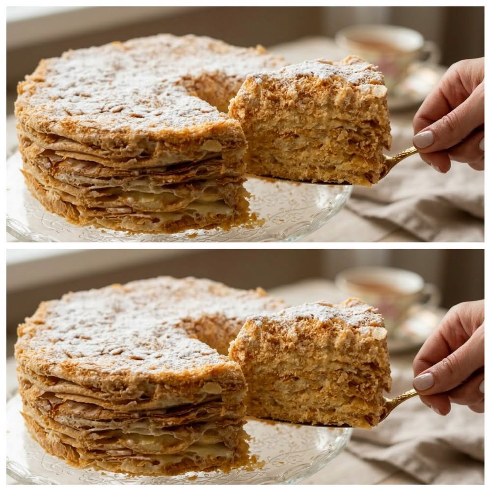 Not just a cake, but a layer-pastry delight the Napoleon of childhood—made with grated butter and a condensed-milk cream. Airy and flaky!