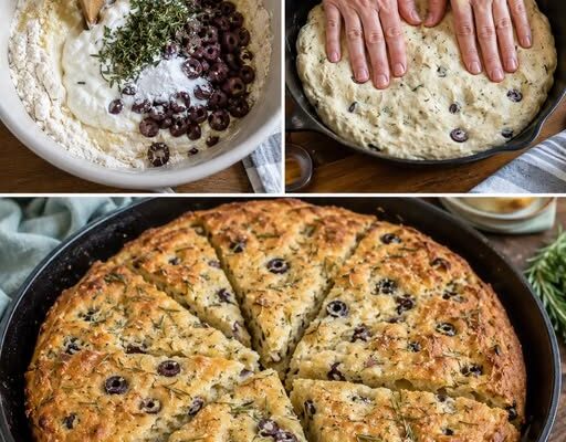 Crisp-edged skillet bread with rosemary and briny olives, ready fast without any yeast.