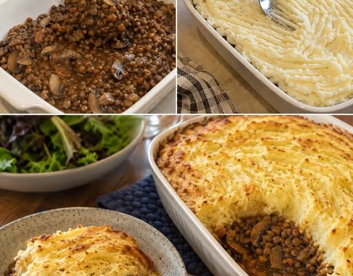 Dive into this comforting cottage bake, where hearty lentils and savory mushrooms come together for a satisfying meal.